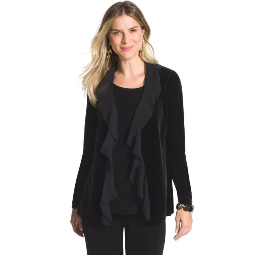 Blair Black Velour Open Front Chiffon Trim Light Jacket